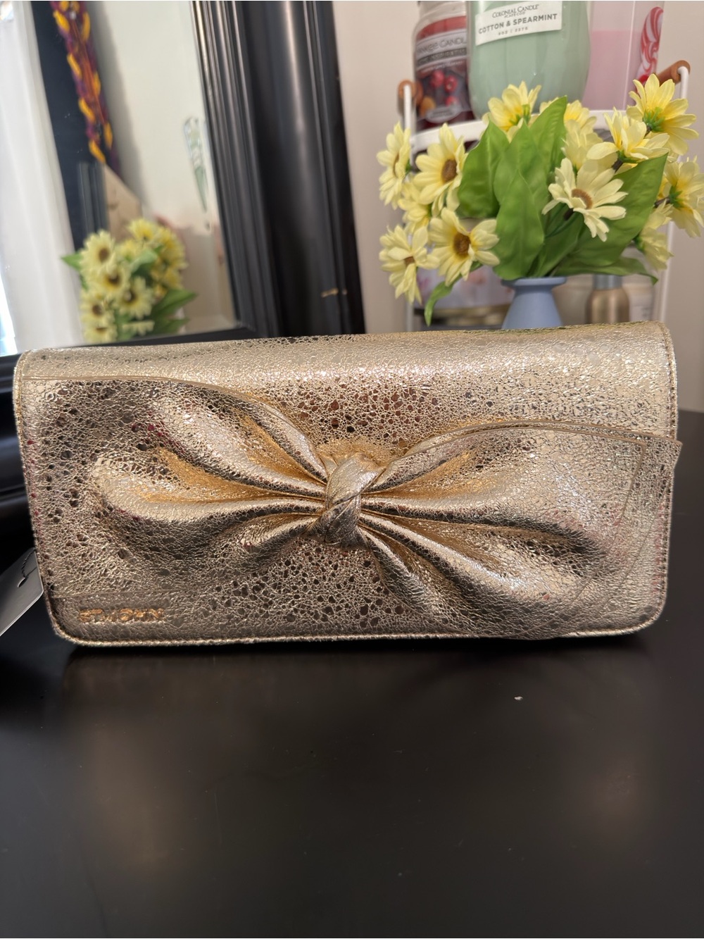 St. John Metallic Gold Knot Bow Clutch